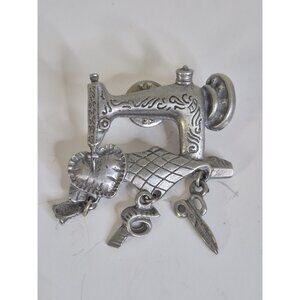 Vtg. Signed LCD Pewter Sewing Machine w/ Dangle Charms Lapel Pin 1.5"